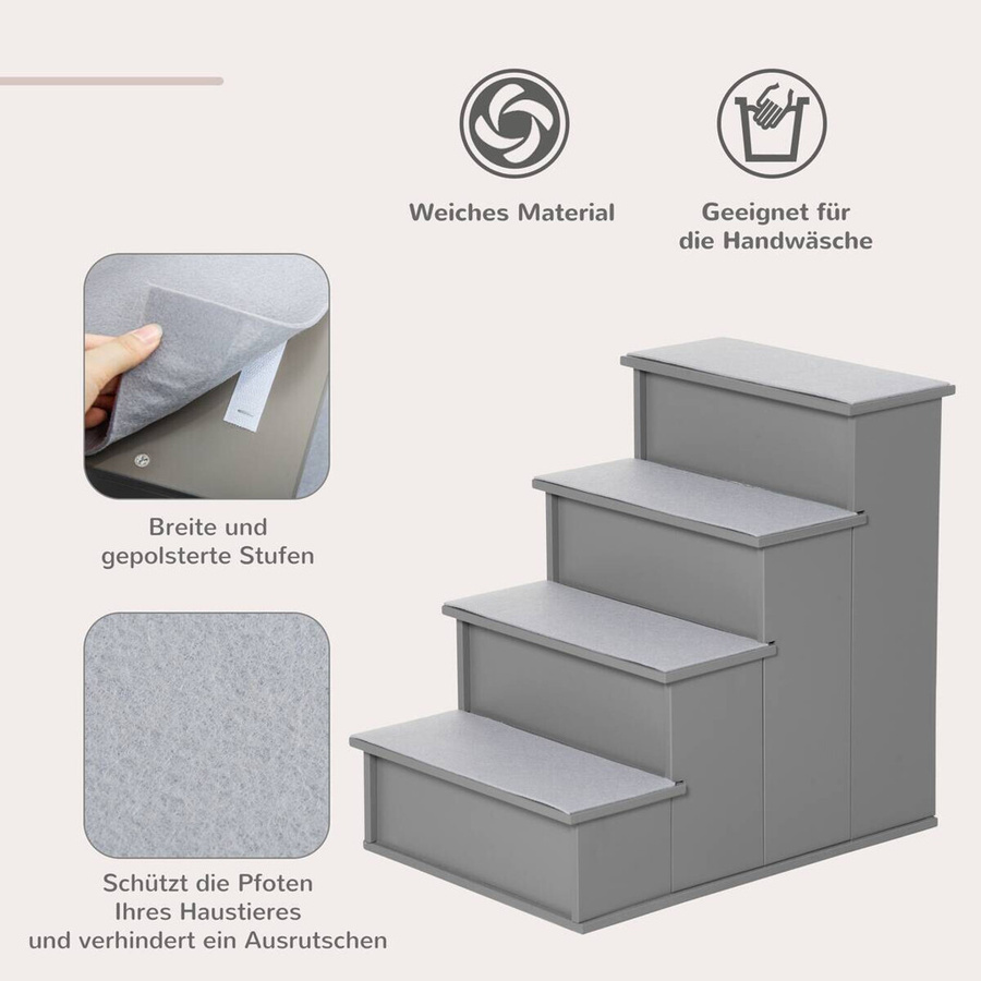 PawHut Haustiertreppe für Hunde aus grauem Plüsch mit rutschfester Oberfläche und abnehmbarem Bezug, B/H/L: 59 x 54,2 x 40 cm - Bild 4