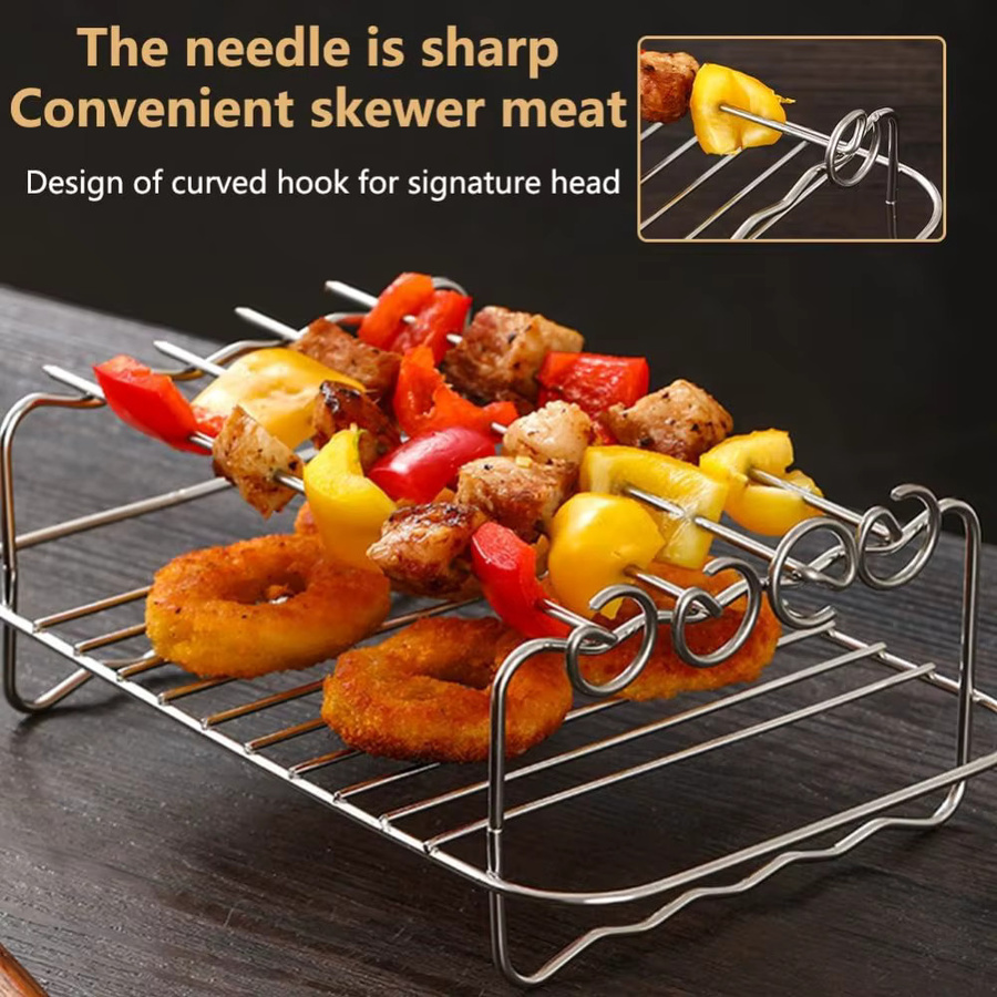 FEB.WIND Edelstahl Air Fryer Backrost Set, Stapelbares Grill Mesh Pan und Mehrzweck Spieß Rack Zubehör für Heißluftfritteusen, Silber - Bild 3