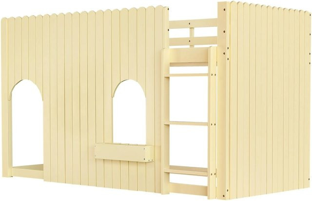 Merax Hochbett für Kinder aus Kiefernholz mit LED-Unterbettbeleuchtung und Fenster, Natur - Bild 1