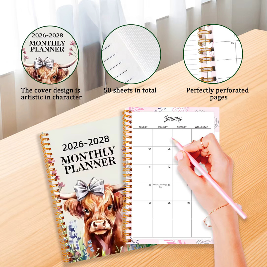Elegantes Highland Cow Design Wochen- und Monatsplaner 2026-2028, spiralgebundenes Notizbuch mit Softcover in Multicolour - Bild 3