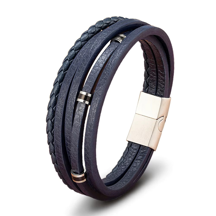 XQNI Armband Herren, Leder, Edelstahl, Schwarz - Bild 5