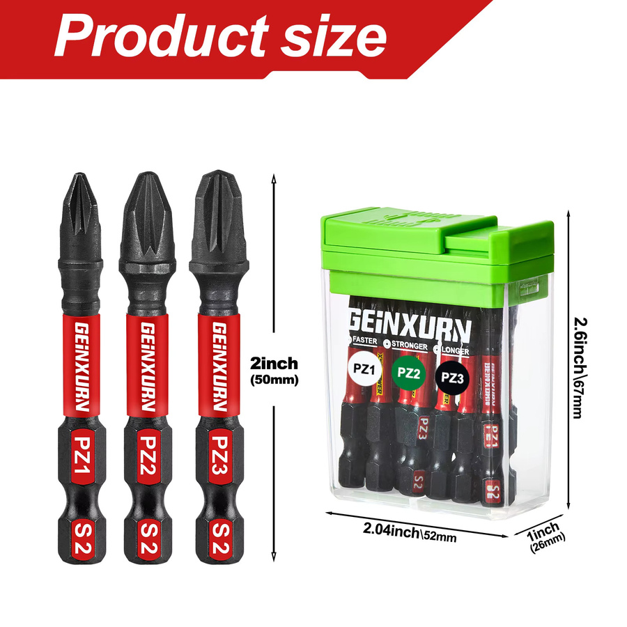 Geinxurn 15-teiliges Impact Pozi-Schraubendreher-Bit-Set aus S2-Stahl in Grün mit Aufbewahrungsbox - Bild 2