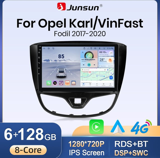 Junsun CarPlay Android 15 Radio für OPEL Karl und VinFast Fadil 2017-2020, 2DIN Auto-Multimedia-Player in Schwarz mit GPS, Bluetooth, FM und DSP - Bild 1