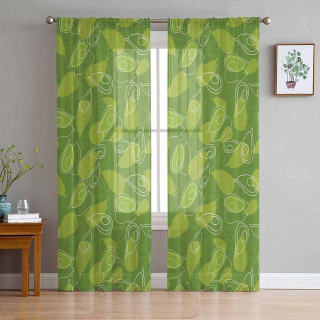 Abstrakte Avocado Vorhänge aus transparentem Tüll in Beige und Grün für Wohnzimmer und Küche, Breite: 135 cm, Höhe: 115 cm - Bild 1