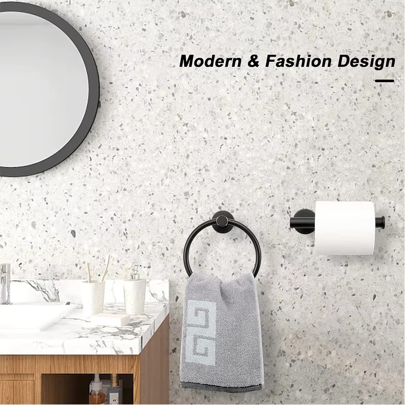 2er-Set Badezimmer-Set aus Wandmontage bestehend aus Handtuchring und Toilettenpapierhalter in Schwarz - Bild 1