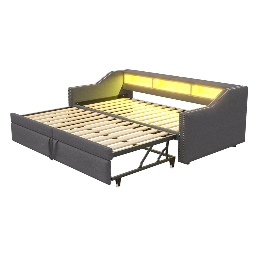 Merax Schlafsofa in Grau mit LED-Unterbettbeleuchtung, USB-Anschluss und Stauraum, B/T/H: 180 x 200 x 74 cm - Bild 2