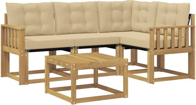 vidaXL Outdoor-Sofagarnitur aus Akazienholz in L-Form mit Kissen und Couchtisch, Weiß und Beige - Bild 1