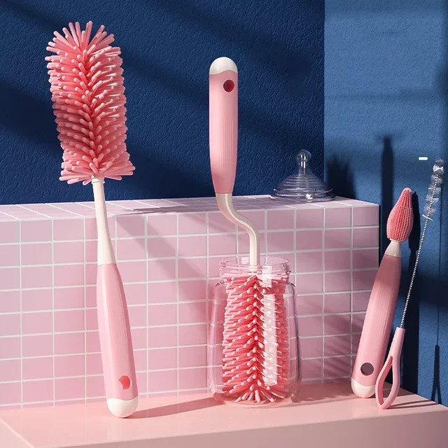 Silikon Reinigungsbürsten Set in Pink für Gläser, Flaschen, Baby Schnuller und Trinkhalme - Bild 1