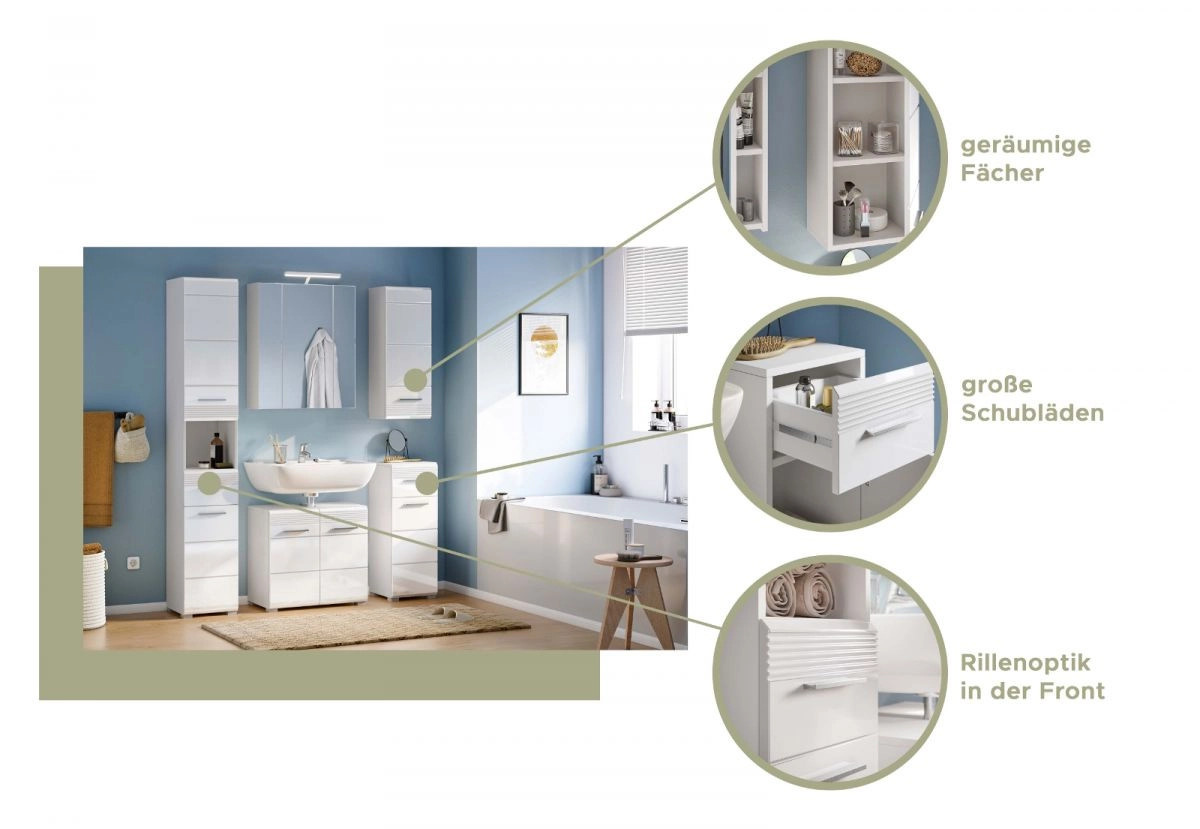 Inn.Furn Badmöbel Set Leon 3-teilig Weiß Hochglanz mit LED-Beleuchtung B/T/H: 105 x 34 x 182 cm - Bild 2