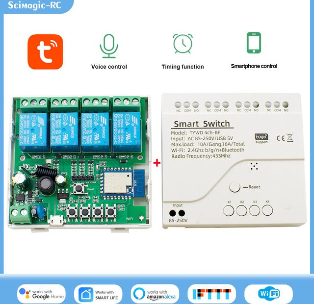 Scimagic-RC Wifi Smart Licht Schalter 4CH Modul mit Tuya und WLAN, RF 433 Empfänger, 10A Relais, kompatibel mit Alexa und Google Assistant - Bild 1
