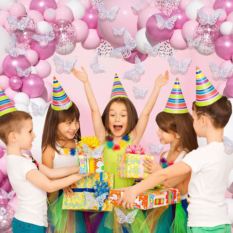 Rosa Ballonbogen-Set mit weißen Konfetti-Ballons aus Metall und 12 Schmetterlingsaufklebern zur Dekoration für Hochzeiten - Bild 2