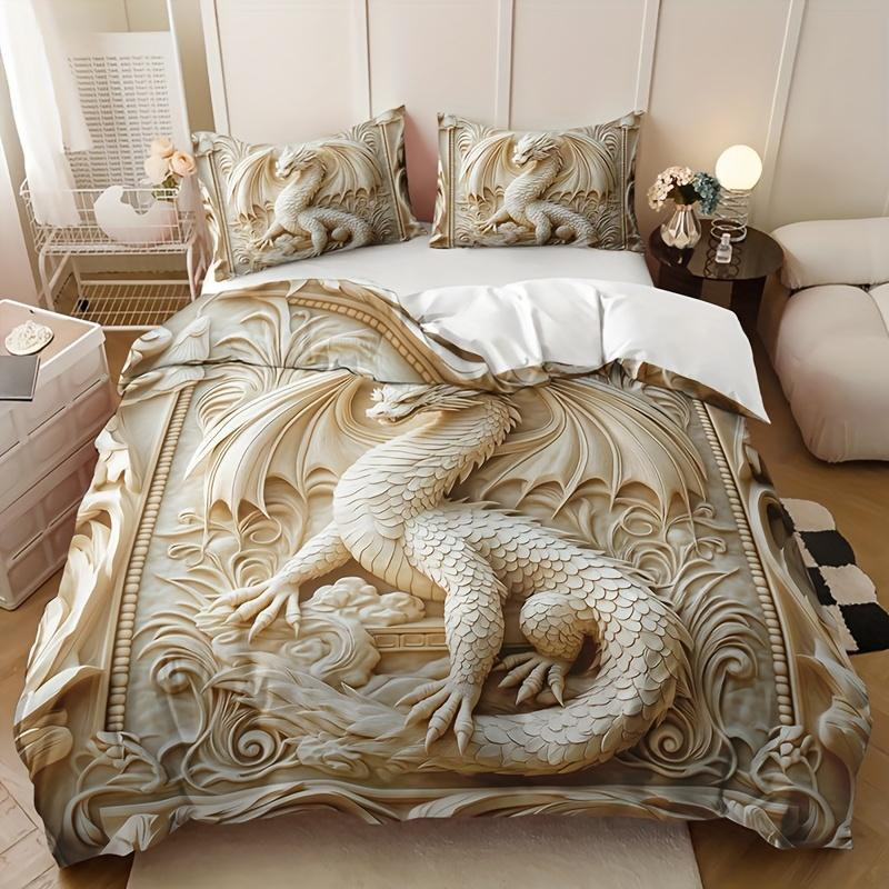 3-teiliges Drachen-Totem Bettbezug-Set aus atmungsaktivem Polyester in Beige und Multicolour, bestehend aus 1 Bettbezug und 2 Kissenbezügen, B/H: 135 x 200 cm - Bild 2