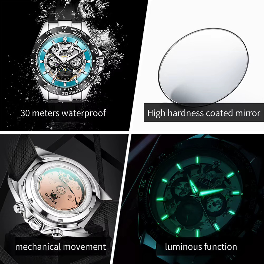 OLEVS Armbanduhr, Automatik, Skelett, Mondphase, Silikonarmband, Herren - Bild 5