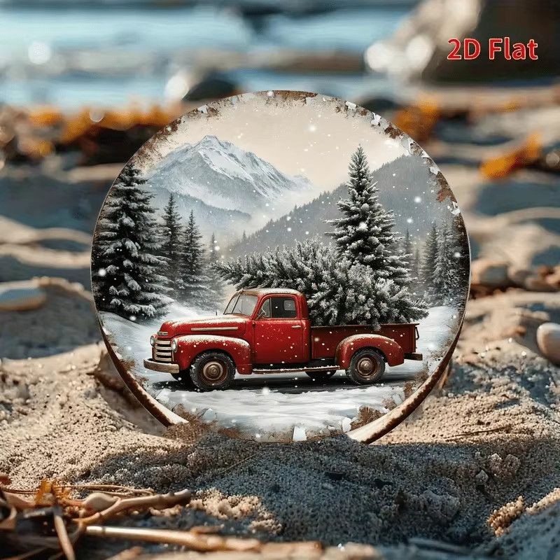 Potdemiel Vintage-Wandschild aus Aluminium mit rotem LKW und Weihnachtsbaum in Rot, rustikale 2D-Flachmetalldekoration für Weihnachten - Bild 3