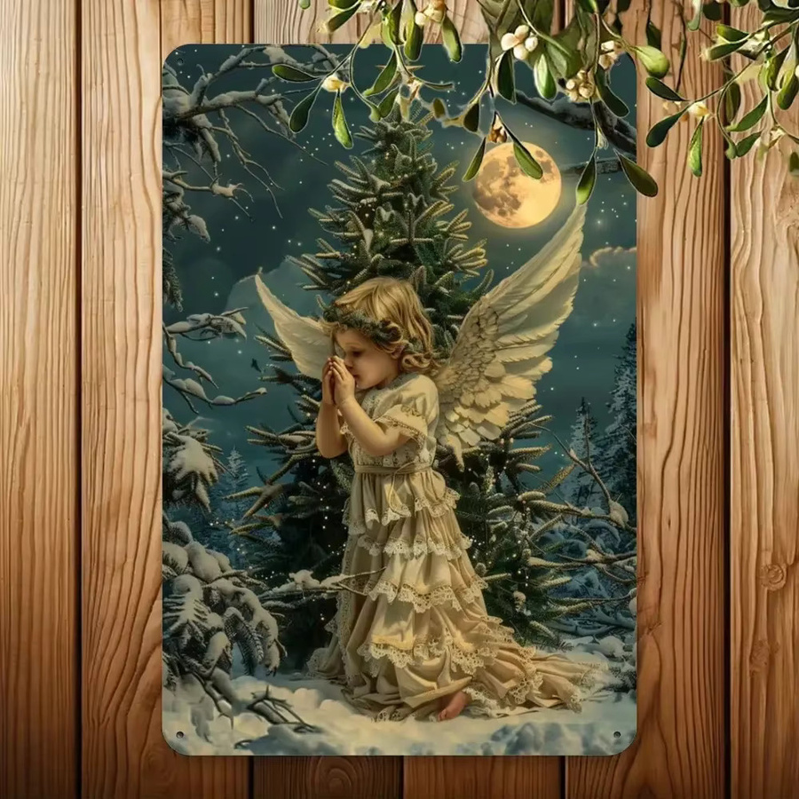 HELLOYOUNG Vintage-Engel-Metallblechschild mit Schneeszene als rustikale Weihnachts-Wanddekoration, B/H: 20,3 x 30,5 cm, Mehrfarbig - Bild 3