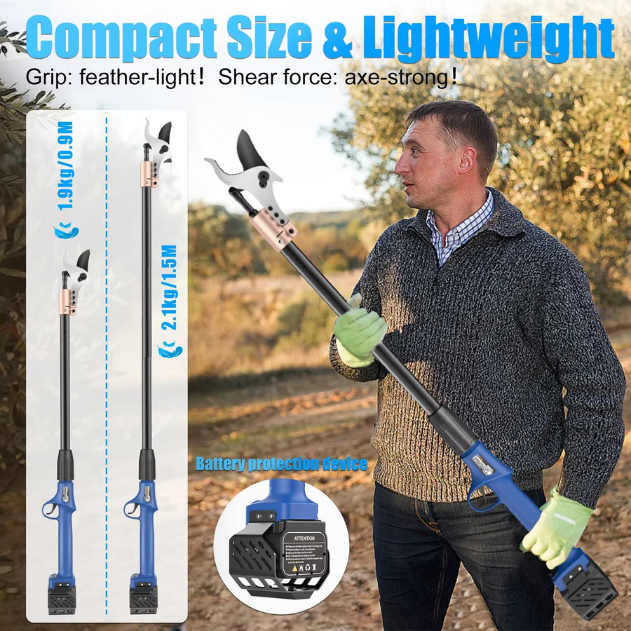 SWANSOFT 921-1 Elektrische Gartenschere in Blau mit 40 mm Schnittdurchmesser, 90 cm Stiel und zwei 4Ah Akkus zum Beschneiden hoher Äste - Bild 2
