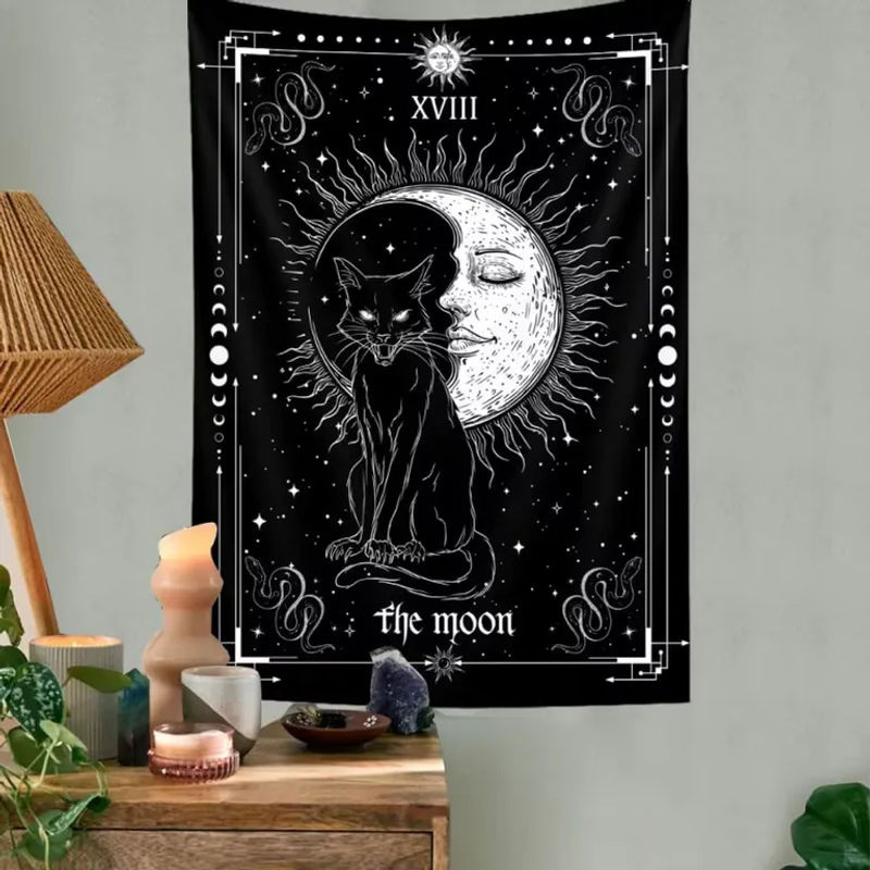 VIKAMA Mond-Tarot-Wandteppich mit schwarzer Katze und Stern-Mond-Muster in Schwarz, Wanddekoration für Wohnzimmer und Schlafzimmer - Bild 6
