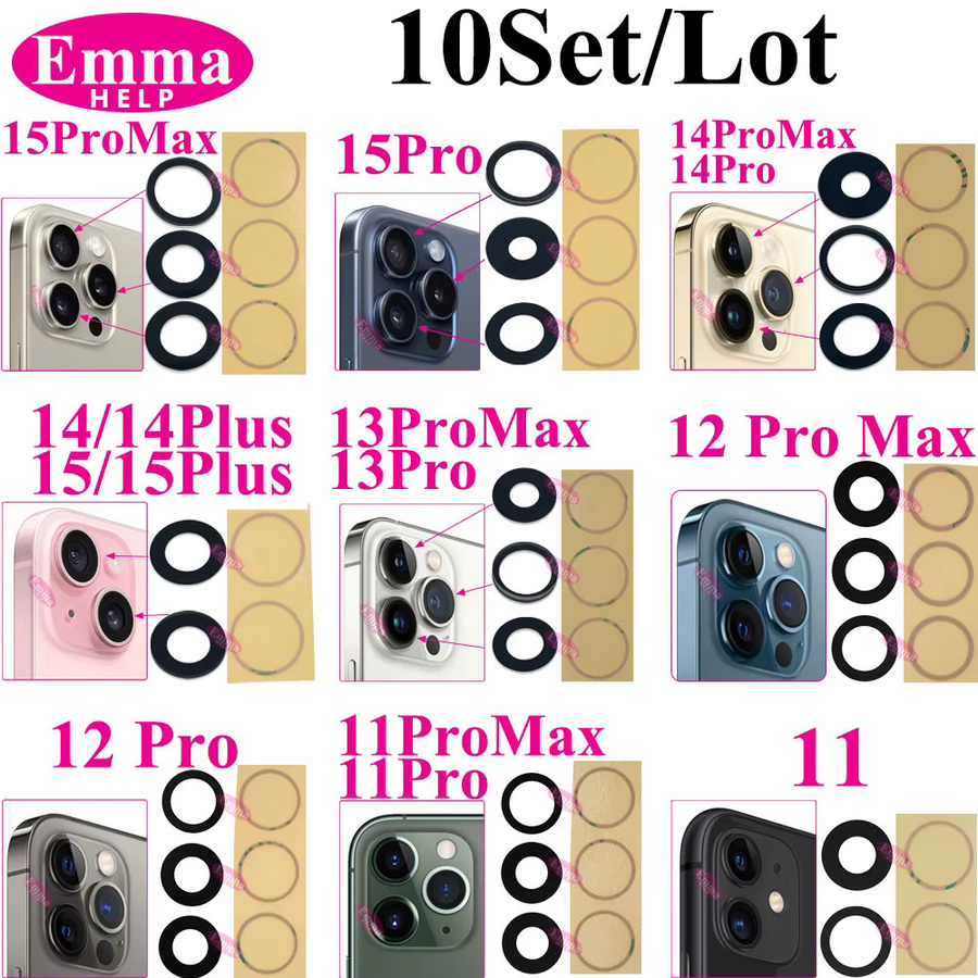 Emmahelp 10 Stück A+ Rückkamera-Glas für iPhone 11 12 13 14 15 Pro Max 13Mini XR XS 14Plus Rückkamera-Abdeckung Linse mit 3M-Aufkleber, transparent - Bild 3