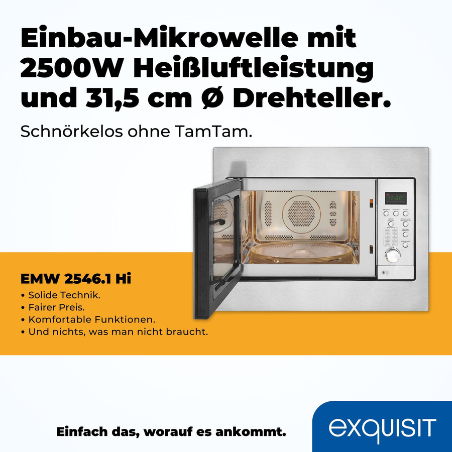 Exquisit EMW 2546.1 HI Einbau-Kombi-Mikrowelle mit Grill und Heißluft in Silber/Edelstahl - Bild 3