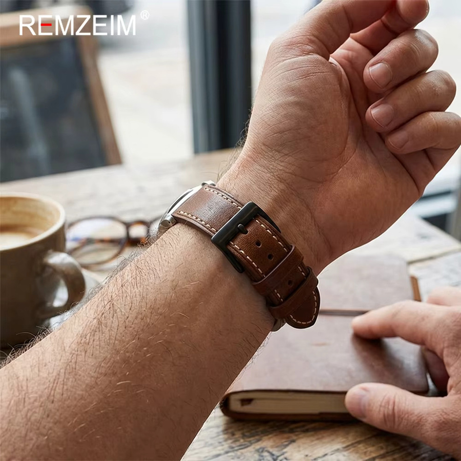 REMZEIM Uhrenarmband Ölwachsleder, Kalbsleder, Schwarz, Unisex - Bild 3