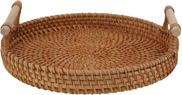 Rundes Obsttablett aus Rattan mit Griffen aus Massivholz von TOMTOP JMS in Braun - Bild 1