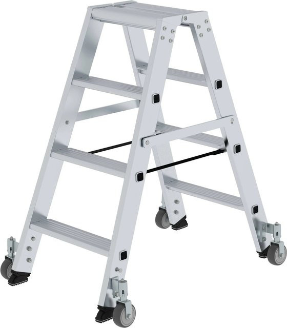 PROREGAL Stufen-Stehleiter beidseitig begehbar mit Rollen, 2 x 4 Stufen, Silber - Bild 1