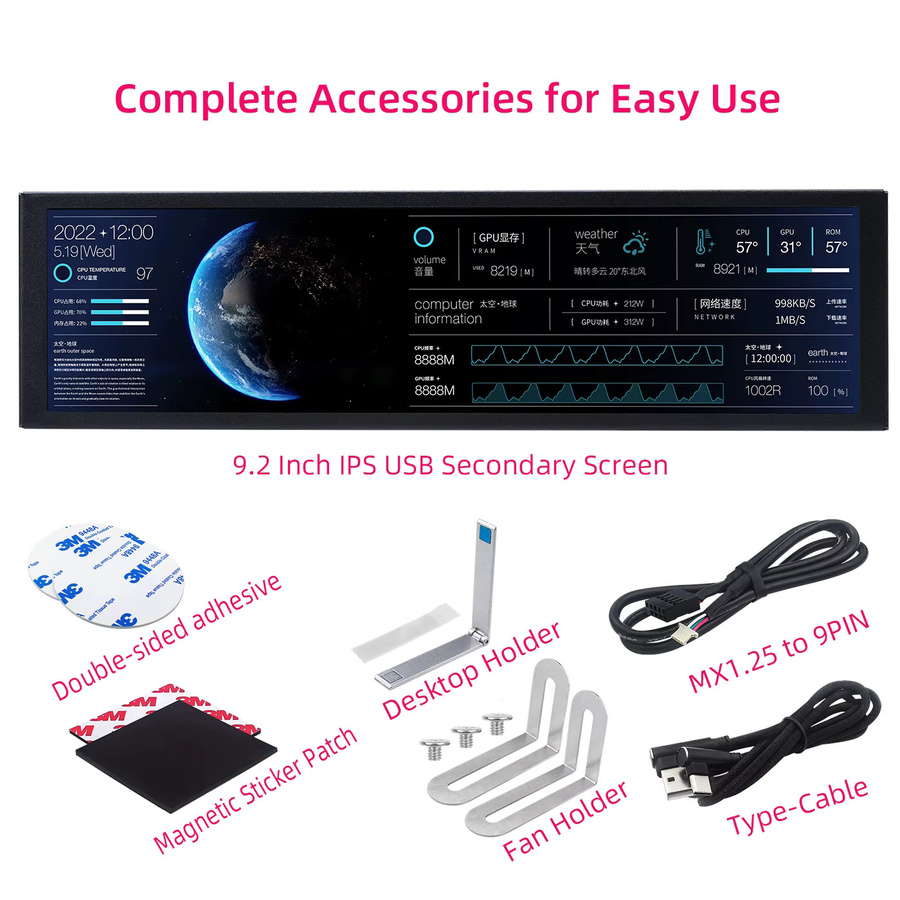 TURZX 9,2 Zoll IPS USB-Bildschirm mit 1920 x 462 LCD für PC Wettermonitor und Systemüberwachung in Schwarz - Bild 3
