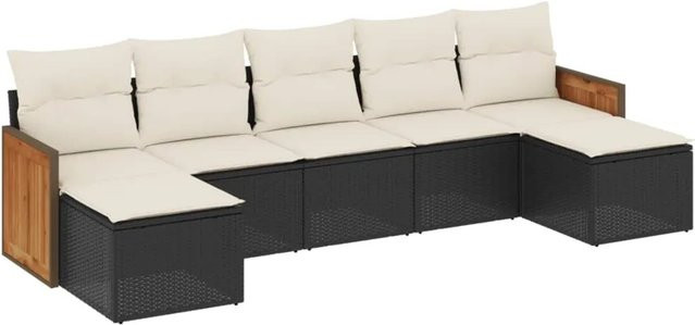 vidaXL 7-tlg Garten-Sofagarnitur aus Poly-Rattan und Akazienholz in Schwarz mit Kissen und Stauraum - Bild 1
