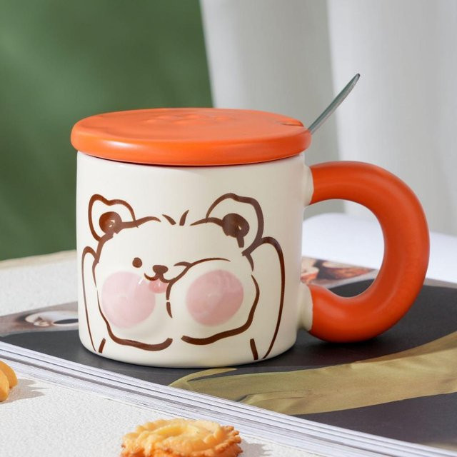 Keramiktasse mit Deckel und Löffel von Yiran Furniture im Tiermilch-Design, Mehrfarbig, 320 ml - Bild 1