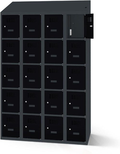 rotstahl Fächerschrank mit Ladefunktion und 20 Fächern in Anthrazitgrau und Schwarz, B: 120 cm, H: 200 cm - Bild 1