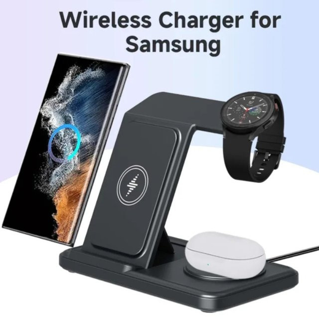 VIKEFON 3-in-1 Kabelloses Ladegerät für Samsung Galaxy S25 S24 S23 S22, Buds3 Pro und Galaxy Watch, Schnelle Ladestation, Schwarz - Bild 1
