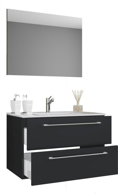 VCM Badinos 3-tlg. Badmöbel Set hängend in Weiß und Schwarz mit Keramik-Waschtisch, Unterschrank mit zwei Schubladen und Spiegel, B/H/T: 80 x 50 x 46 cm - Bild 1