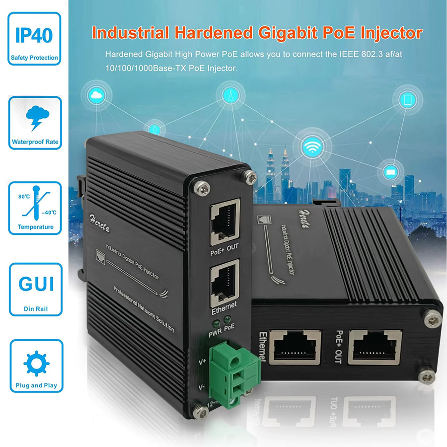 Hereta Industrieller Gigabit PoE-Injektor für DIN-Schienen- und Wandmontage, Schwarz, 2,5/5/10 Gbps, 30W/60W, IEEE802.3 af/at, 10/100/1000Mbps Ethernet/LAN - Bild 5