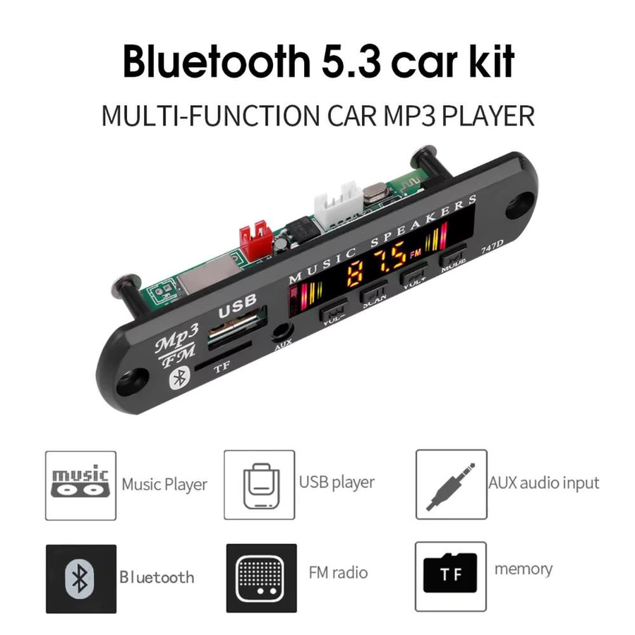 Kebidu Bluetooth 5.3 Car Kit Drahtloser MP3 Decoder Audio Modul für 12V mit USB, AUX, TF und Radio in Schwarz - Bild 3