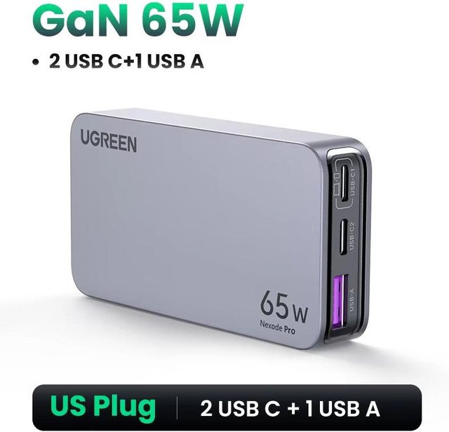 UGREEN 65W GaN Schnellladegerät mit USB-C und USB-A Mehrfachanschluss in Schwarz - Bild 1