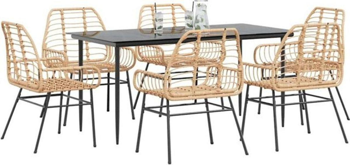 7-teiliges modernes Garten-Esszimmerset aus Polyrattan und Glas in Braun und Beige von vidaxl - Bild 1
