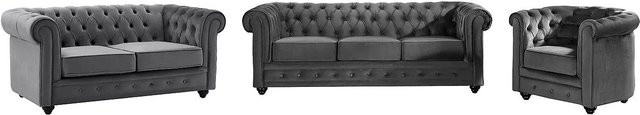 Vente-unique Chesterfield Couchgarnitur aus Samt und Stoff in Anthrazit mit 3-Sitzer-Sofa, 2-Sitzer-Sofa und Sessel, B/T/H: 205 x 165 x 82 cm - Bild 1
