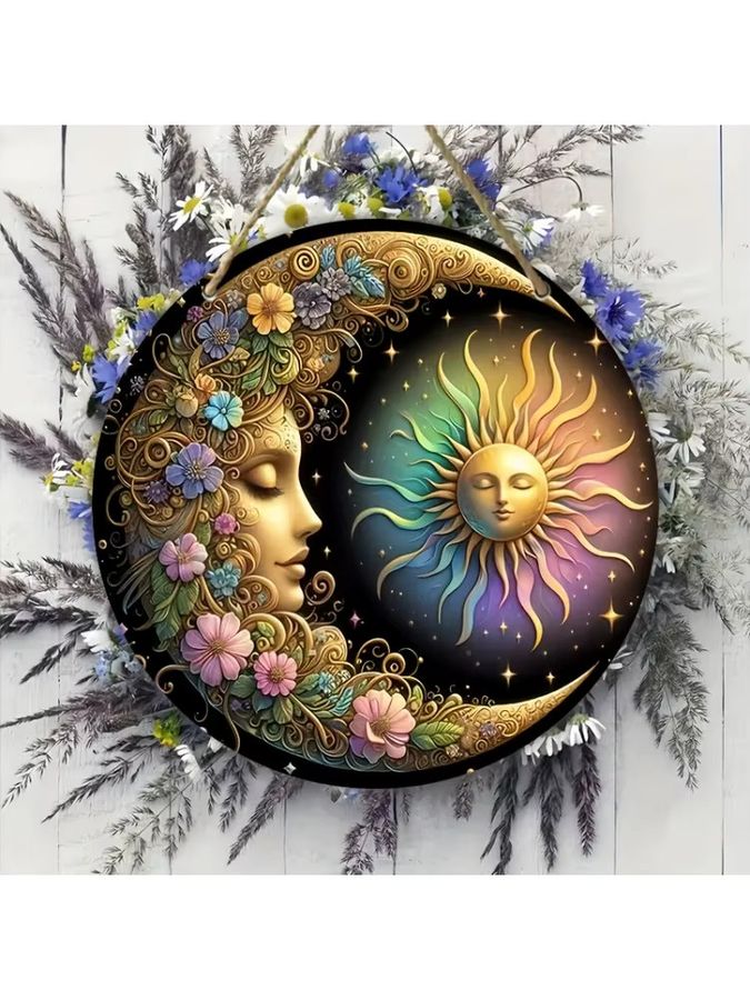 HELLOYOUNG Wandplatte aus Metall im Mandala-Kunststil mit Sonne, Mond und Blumenmuster, B/H: 20,3 x 20,3 cm - Bild 4