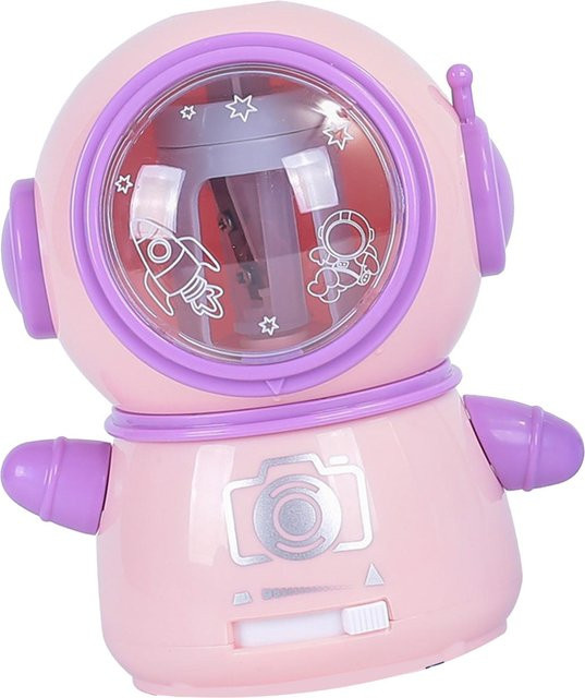 Elektrischer Bleistiftspitzer Shoemst mit niedlichem Cartoon-Raumfahrer Design in Rosa und Grau - Bild 1