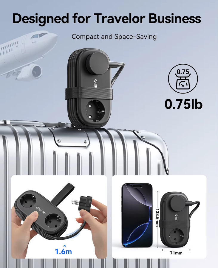 ORICO GaN 65 W Steckdosenleiste mit 2 AC-Steckdosen, 2 USB-Anschlüssen und 1 USB-C-Buchse in Schwarz - Bild 4