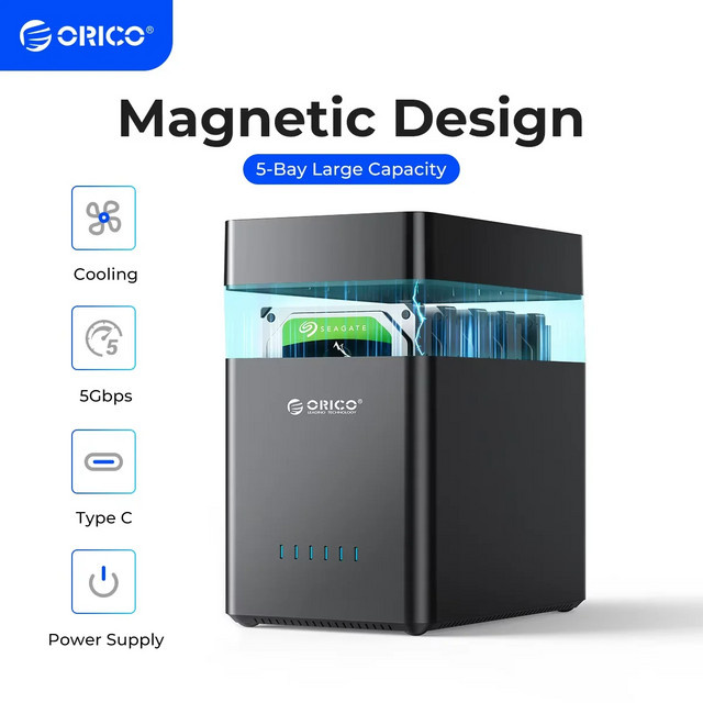 ORICO 5-Bay 3,5-Zoll Festplattengehäuse, magnetische externe HDD-Dockingstation mit 12 V/6,5 A Netzteil, Schwarz - Bild 1