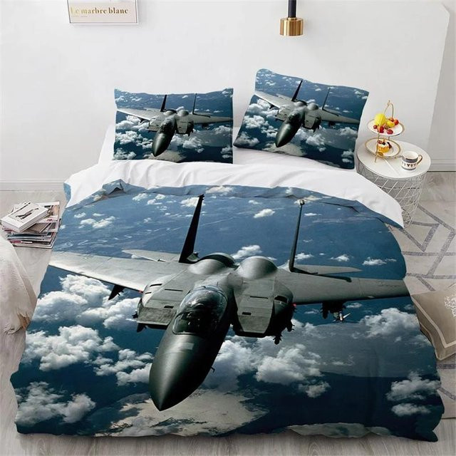 Wucifang Bags Bettwäsche-Set mit Kampfflugzeug-Motiv in Blau, 2-teilig aus Polyester, B/H: 135 x 200 cm - Bild 1