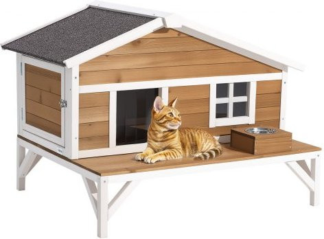 VEVOR Katzenhaus aus massivem Tannenholz, isolierte Katzenhütte für Outdoor und Indoor, wetterfestes Katzenhaus mit Plattform, Farbe: Weiß/Braun, B/T/H: 110 x 85,3 x 78,7 cm - Bild 1