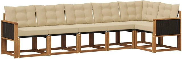 vidaXL Outdoor-Sofagarnitur in L-Form aus Akazienholz mit Textilene und 6 Kissen in Natur-Beige - Bild 1