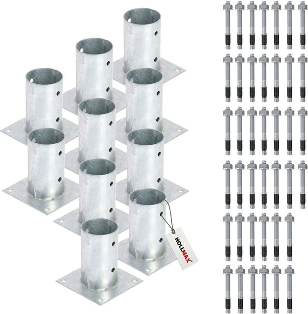 HOLLMAX Pfostenträger Set mit 10 Aufschraubhülsen 80 mm und 10 Schwerlastankern 10 x 100 mm, verzinkt in Silber für Rundholzpfosten - Bild 1