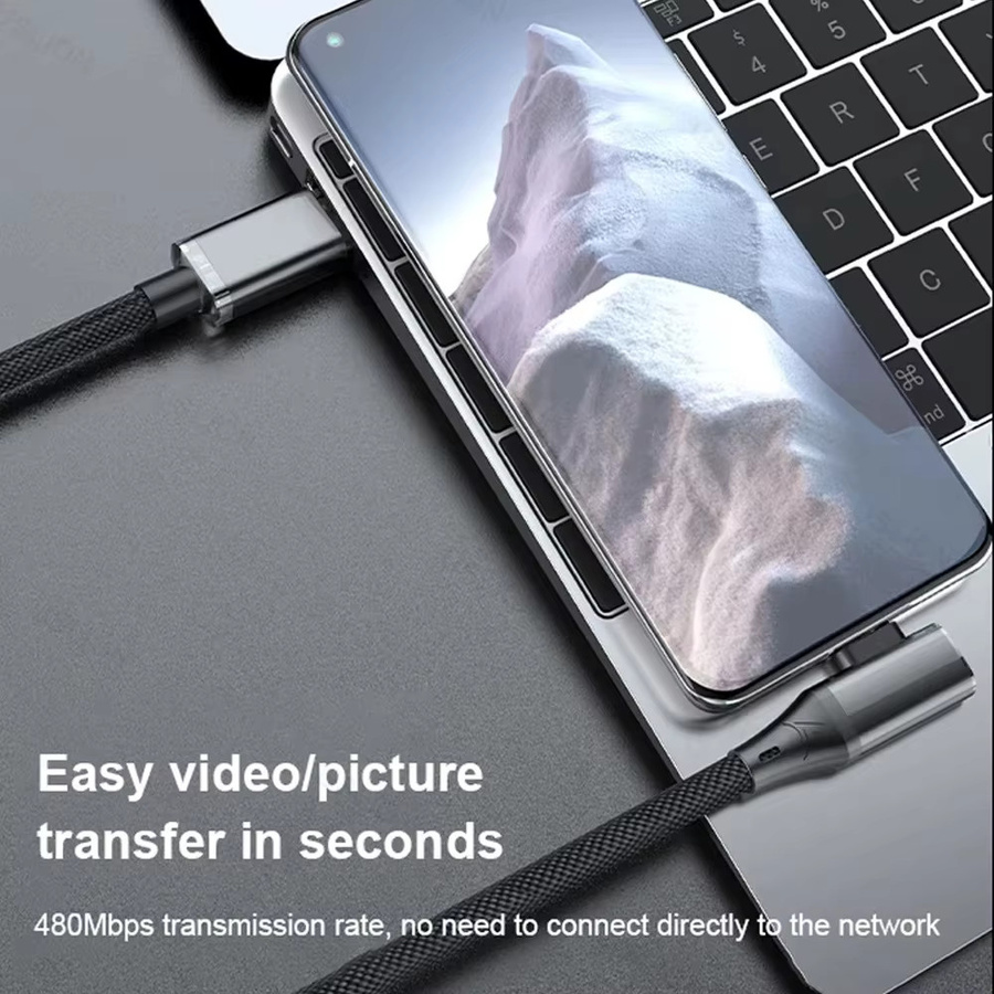 120 W USB-C auf USB-C Schnellladekabel mit 90 Grad Winkel für iPhone, Samsung, Xiaomi und Huawei in Schwarz und Lila - Bild 2