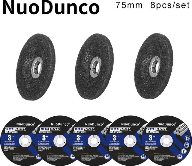 NuoDunco 8er Set Metall Trennscheiben und Schleifräder für Metall, Holz und PVC, Durchmesser: 75 mm, Farbe: Schwarz - Bild 1