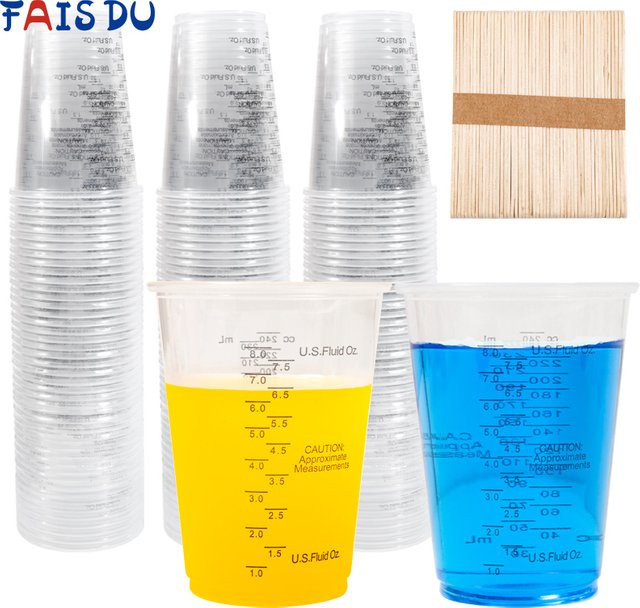 FAIS DU Einweg-Messbecher mit Rührstäbchen aus Kunststoff, transparent, 8oz (ca. 236 ml) zum Mischen von Epoxidharz, Farben und Pigmenten - Bild 1