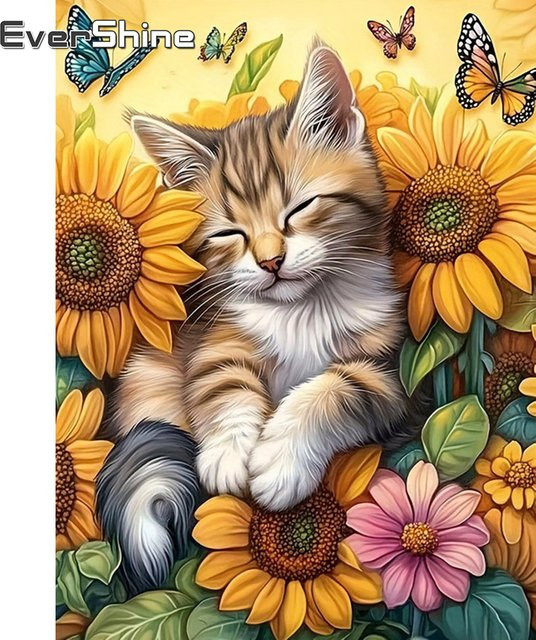 EverShine Diamant-Stickerei Set mit Katzenbild und floralen Motiven, Wandkunst als Mosaik in Multicolour, B/H: 30 x 30 cm - Bild 1