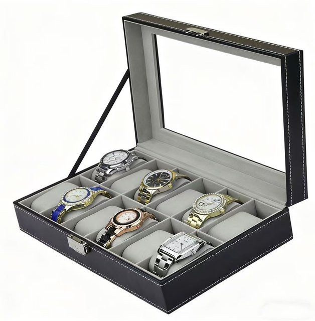 DOKW Uhrenbox aus PU Leder mit Glasdeckel für Männer als Schmuck-Organizer und Vitrine - Bild 1